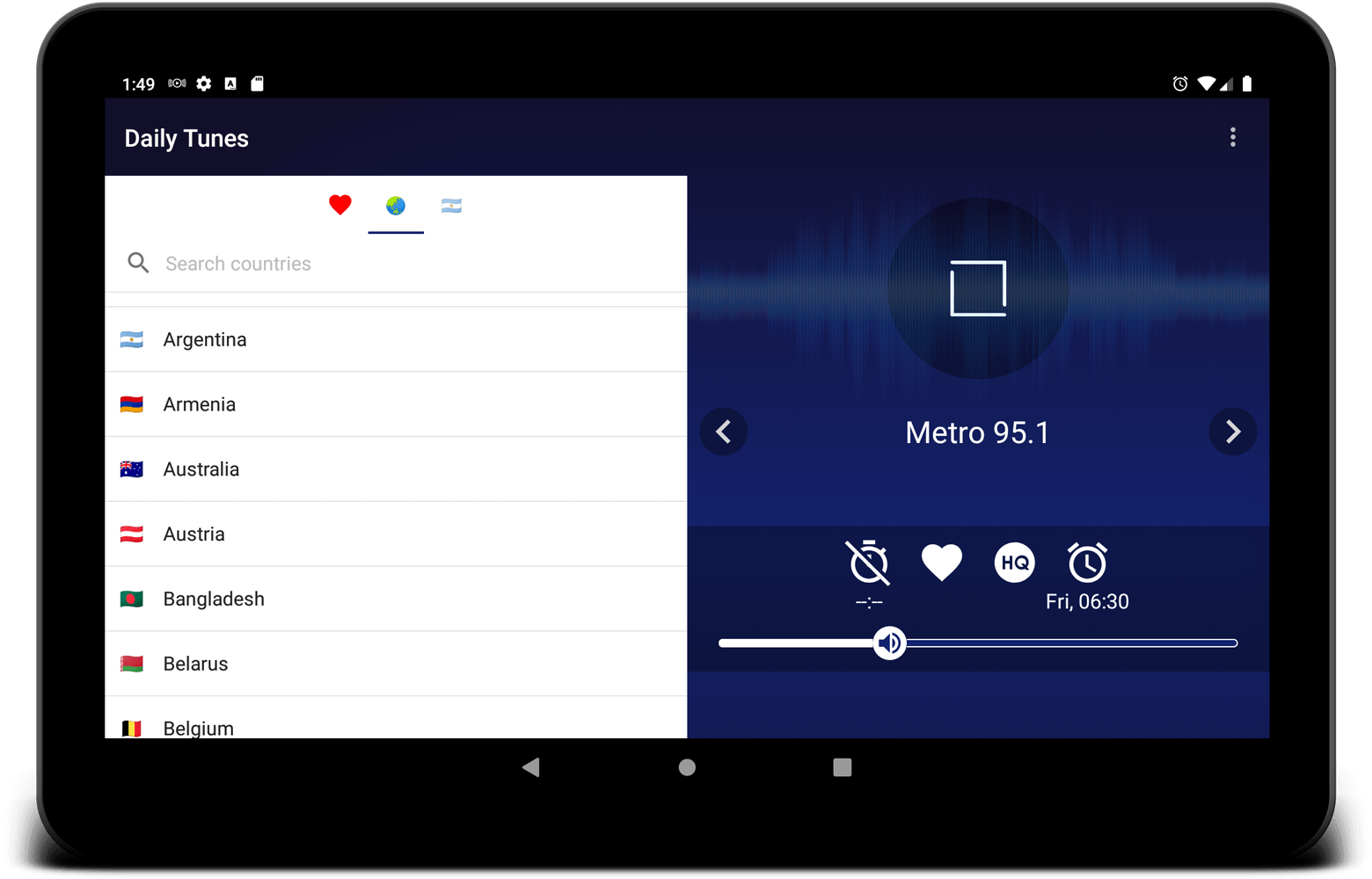 Online radio player on Android tablet